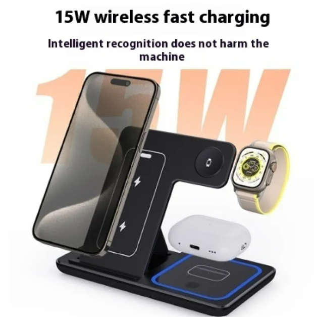 15W 3-in-1 LED Foldable Wireless Charger Stand | iPhone, iWatch & AirPods | Fast Charging